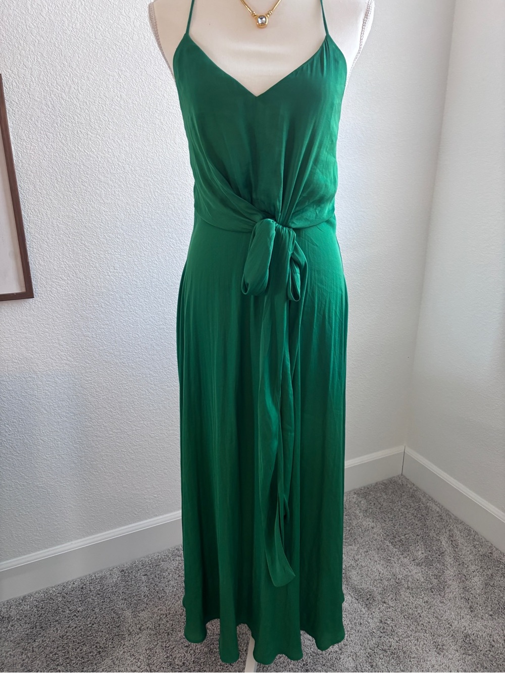 Emerald Green Tie-Waist Maxi Dress with Spaghetti Straps